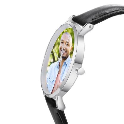 Montre Personnalisée Photo avec Gravure du prénom ou Message Bracelet en Cuir