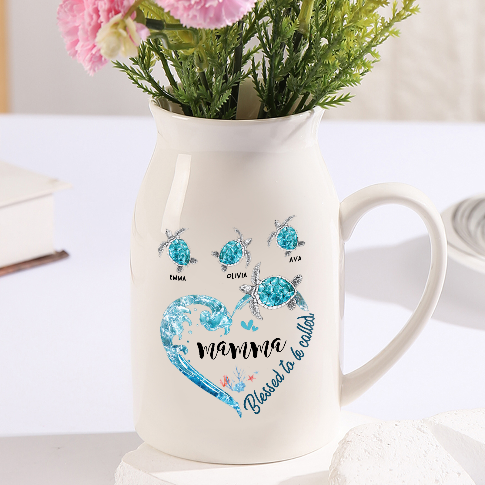 Vase à Fleurs Tortue de Mer 3 Prénoms Personnalisés avec 1 Texte Décoration de la Maison