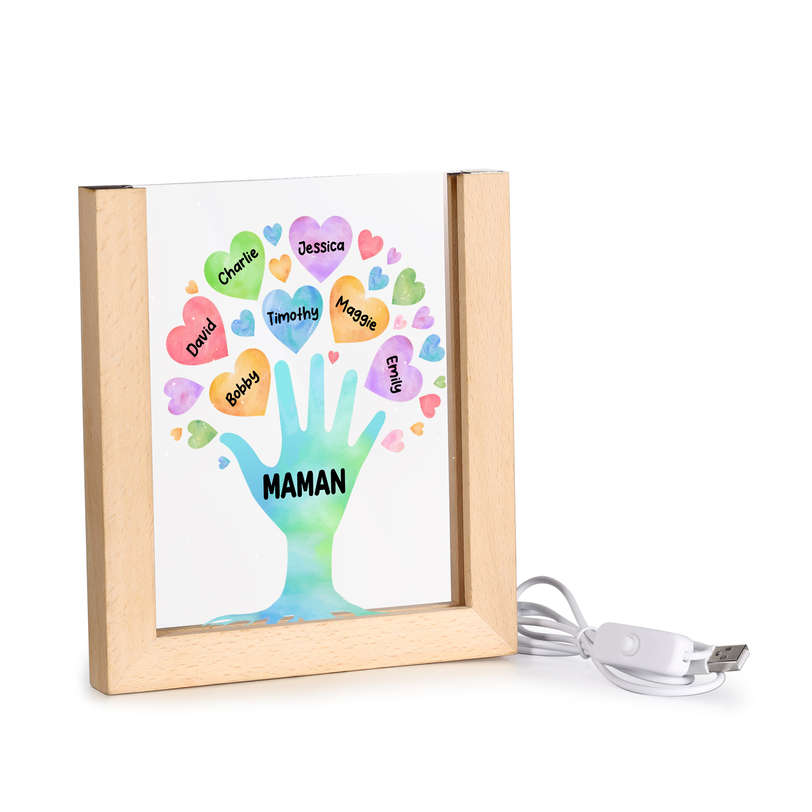 À Maman/Mamie - Lampe de chevet LED Main et Cœur 7 Prénoms Personnalisés avec 1 Texte