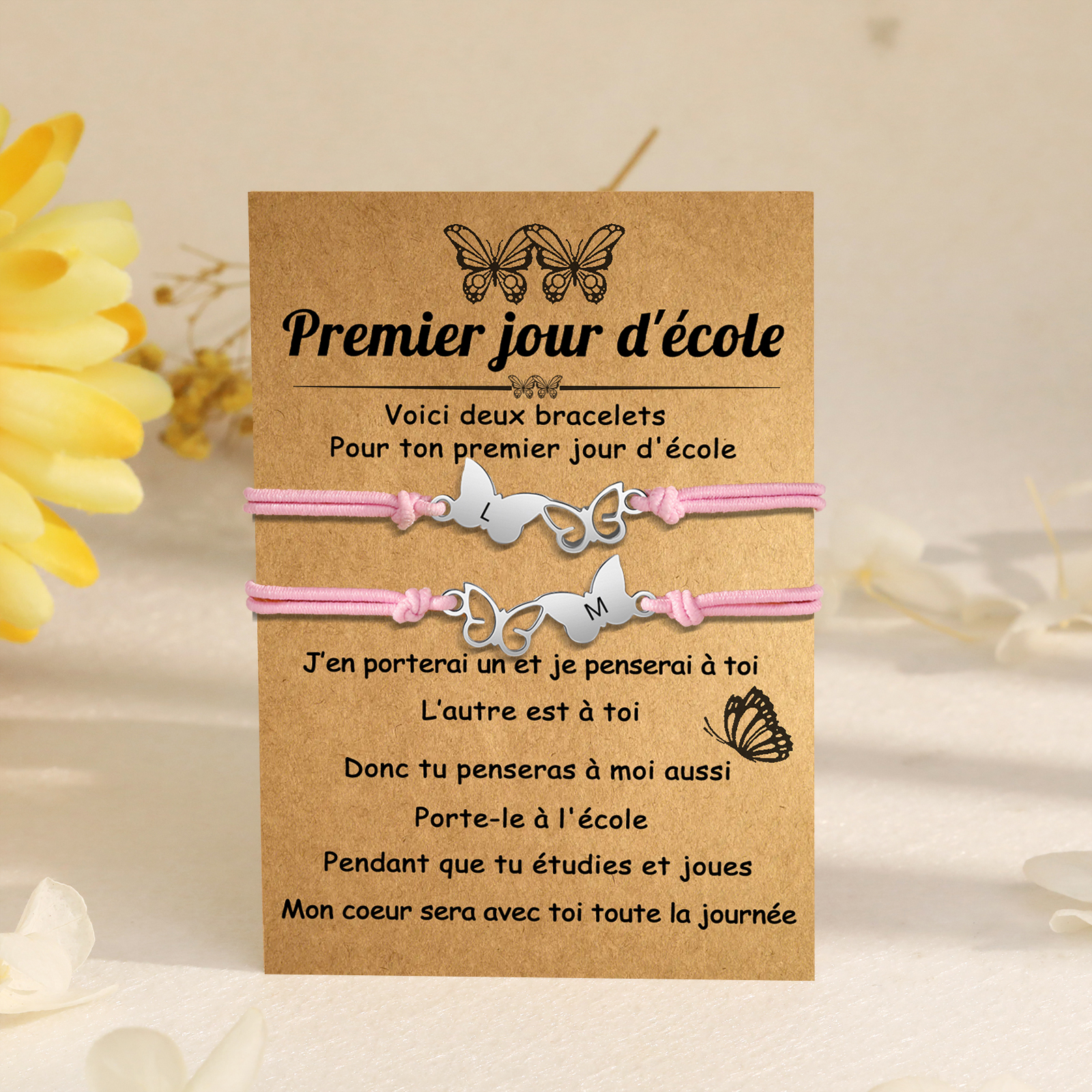 2PCS Bracelet Initiale Papillons 2 Lettres Personnalisées Corde élastiques Cadeau Rentrée Scolaire Premier jour d’école｜Jessemade