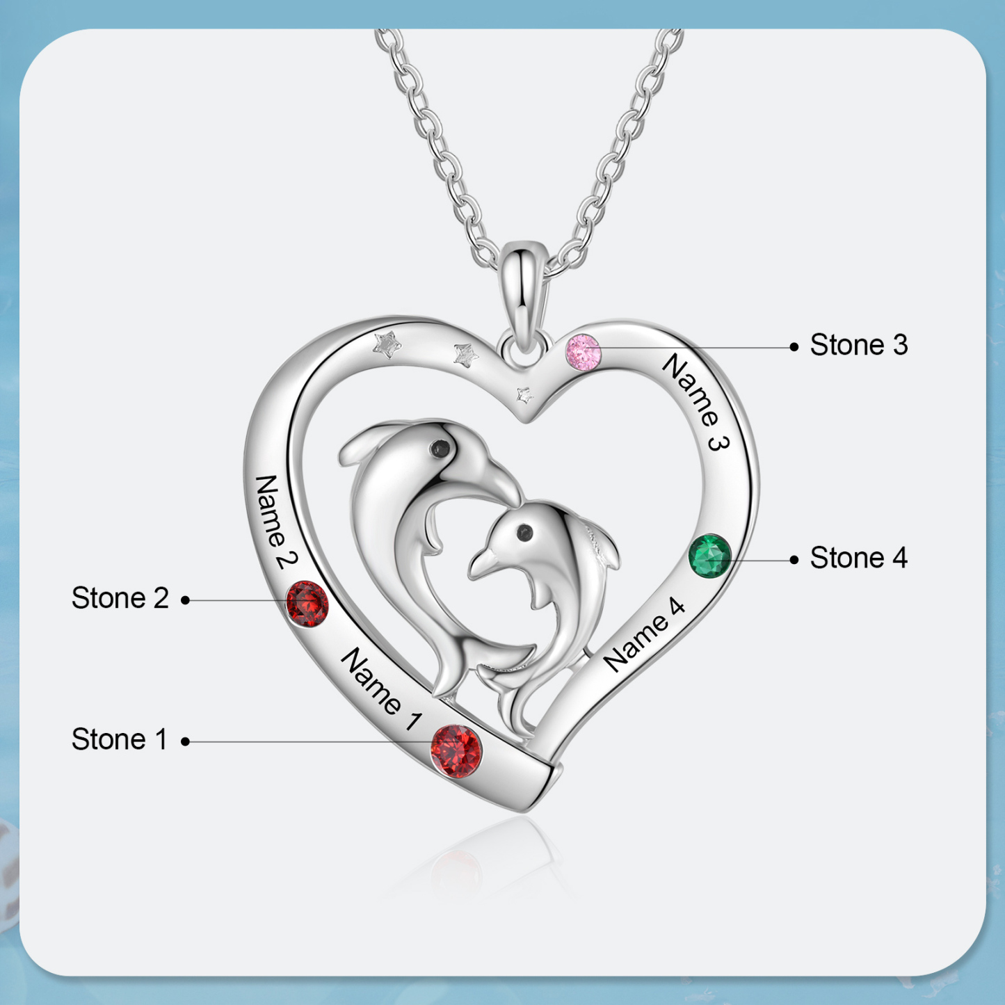Collier Pendentif Cœur et Dauphin 4 Prénoms Personnalisés avec 4 Pierres de Naissance
