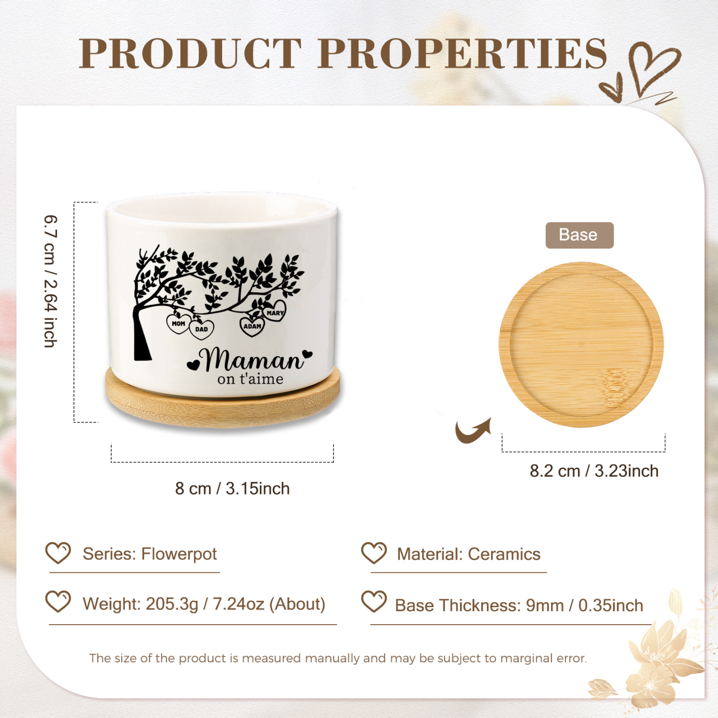 Vase/Pot de Fleurs Arbre de vie 4 Prénoms Personnalisés avec Texte Décoration de la Maison (sans plantes)