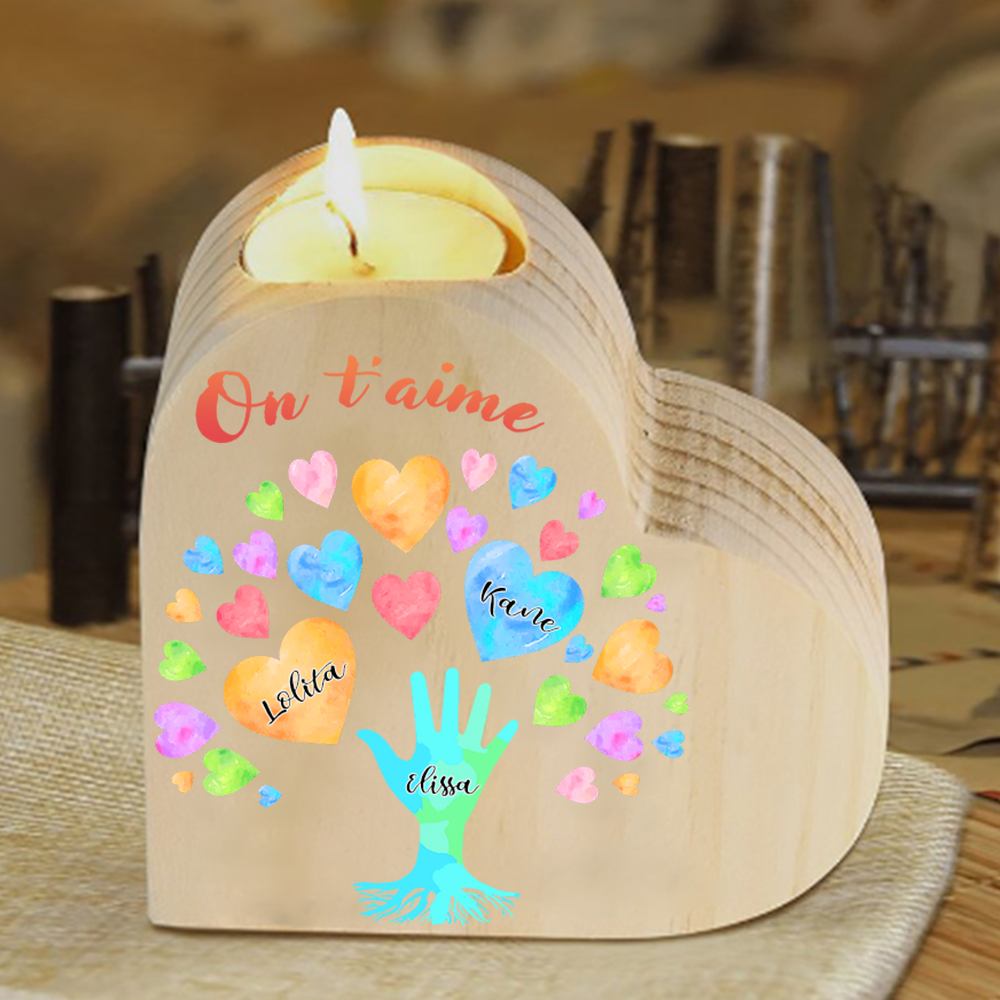 Bougeoir en Bois 3 Prénoms Personnalisés avec Texte sans bougie pour Famille