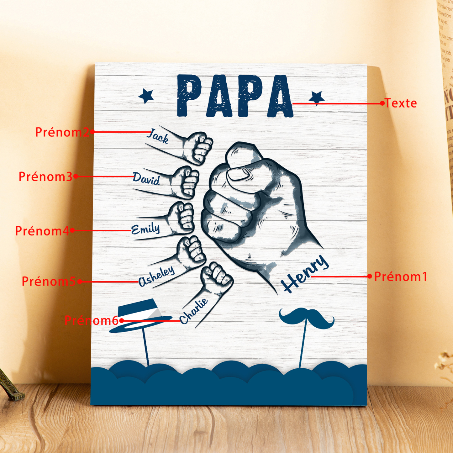 À Mon Papa/Papi-Cadre en Bois Poings 6 Prénoms Personnalisés avec Texte