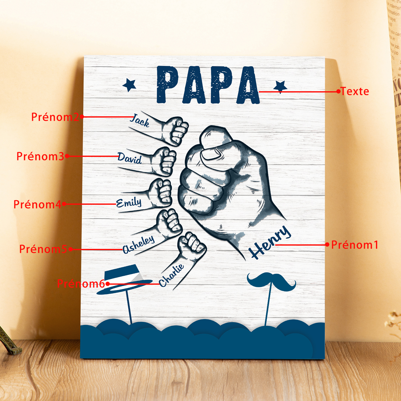 À Mon Papa/Papi-Cadre en Bois Poings 6 Prénoms Personnalisés avec Texte