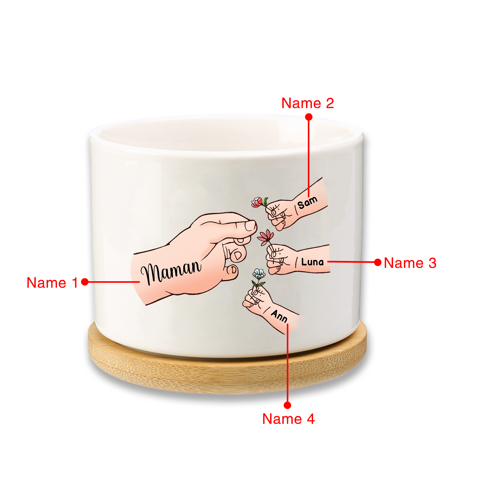 Vase/Pot de Fleurs mains et enfants 4 Prénoms Personnalisés Décoration de la Maison (sans plantes)