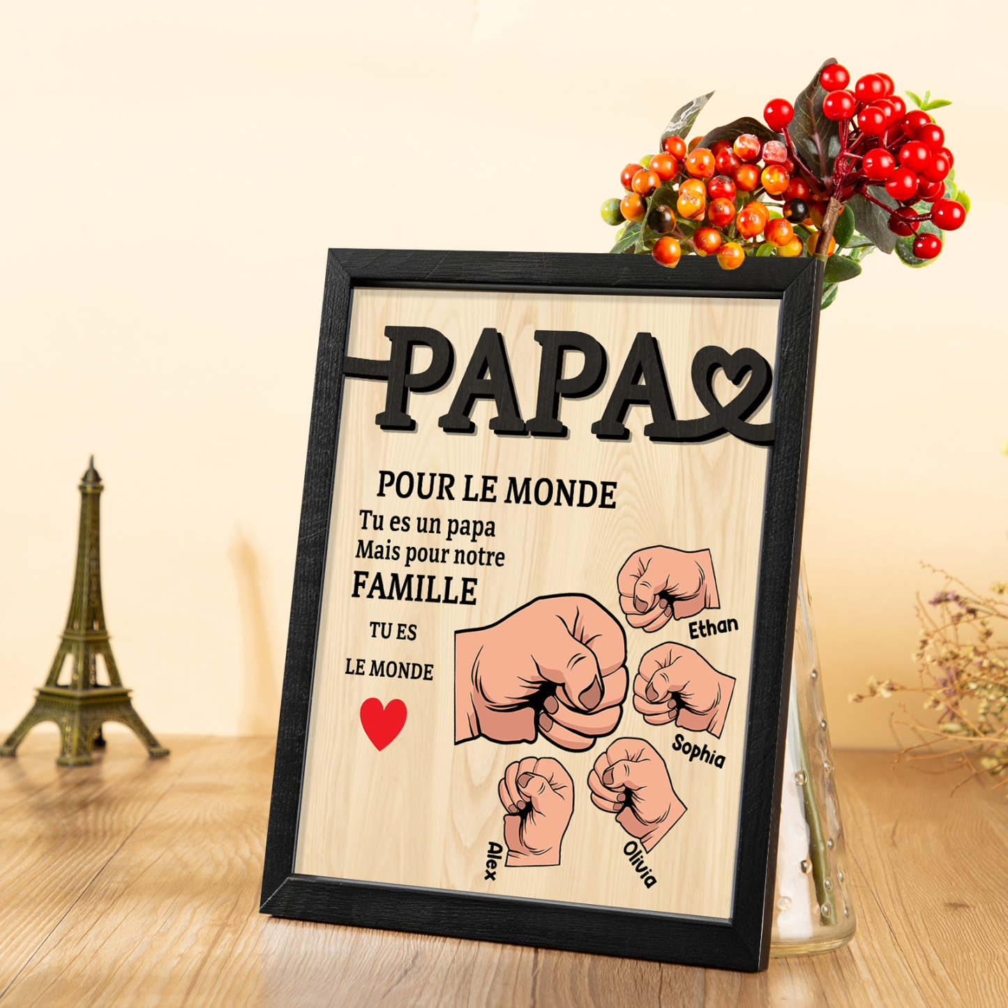 À Mon Papa-Cadre en Bois Poings 4 Prénoms Personnalisés