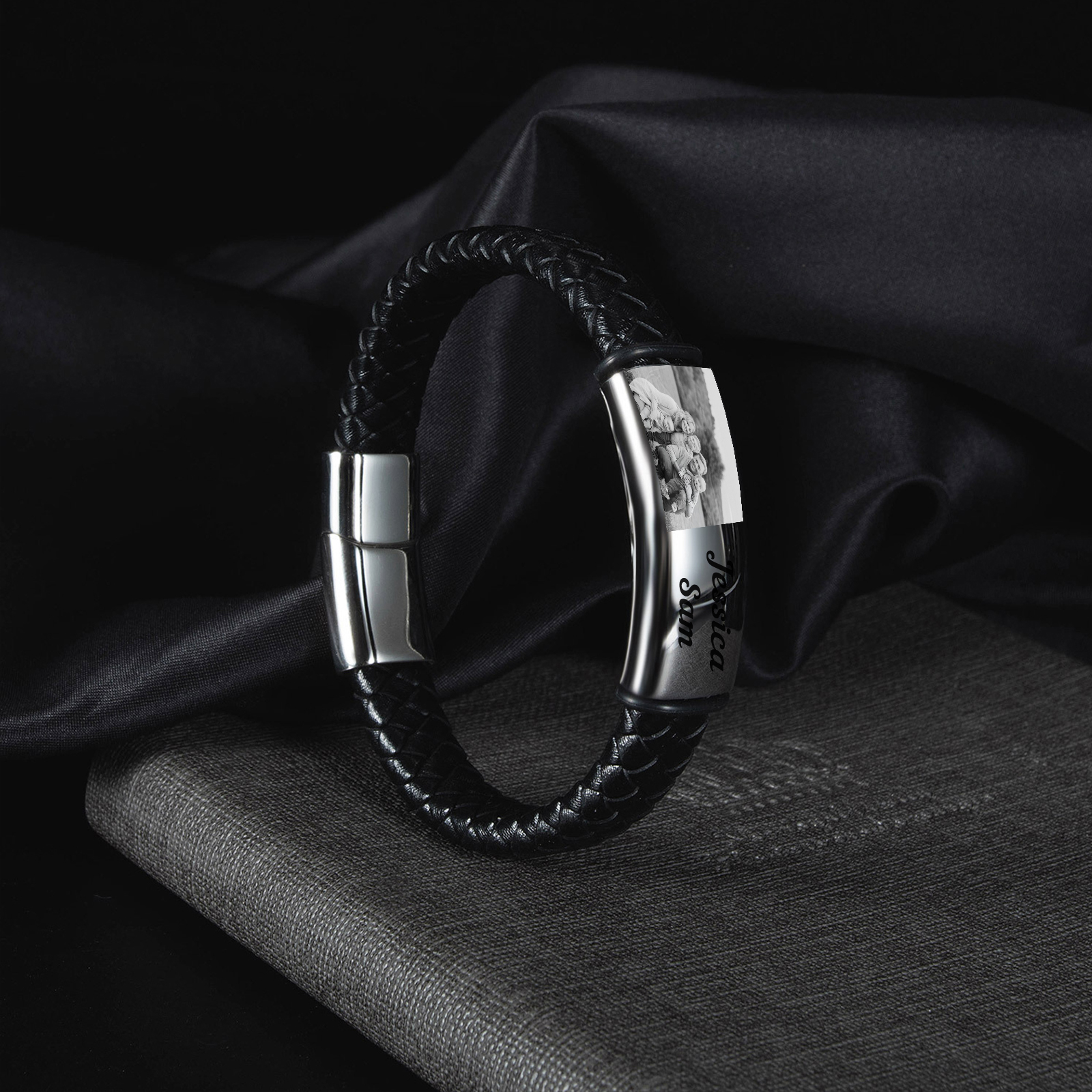 Bracelet en Cuir tressé 1 Photo Personnalisé avec texte Bracelet Homme