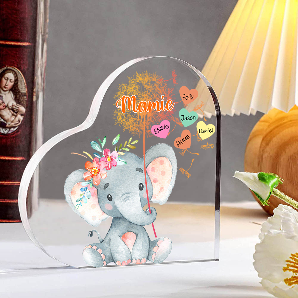 À ma Mamie - Plaque Acrylique Éléphant en Forme de Cœur 5 Prénoms Personnalisés