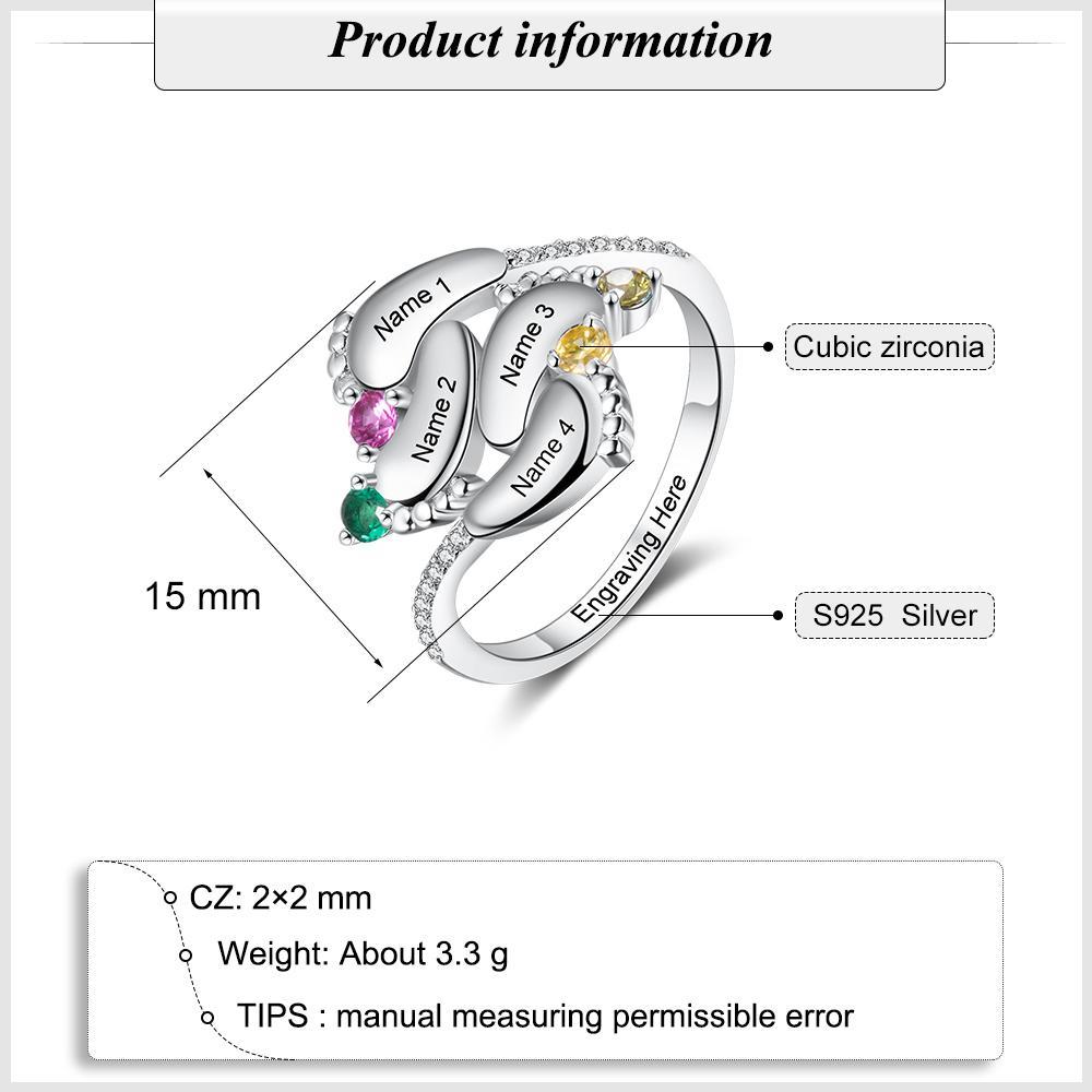 Bague Pieds de Bébé Prénom Personnalisée Gravée 4 Pierres de Naissance