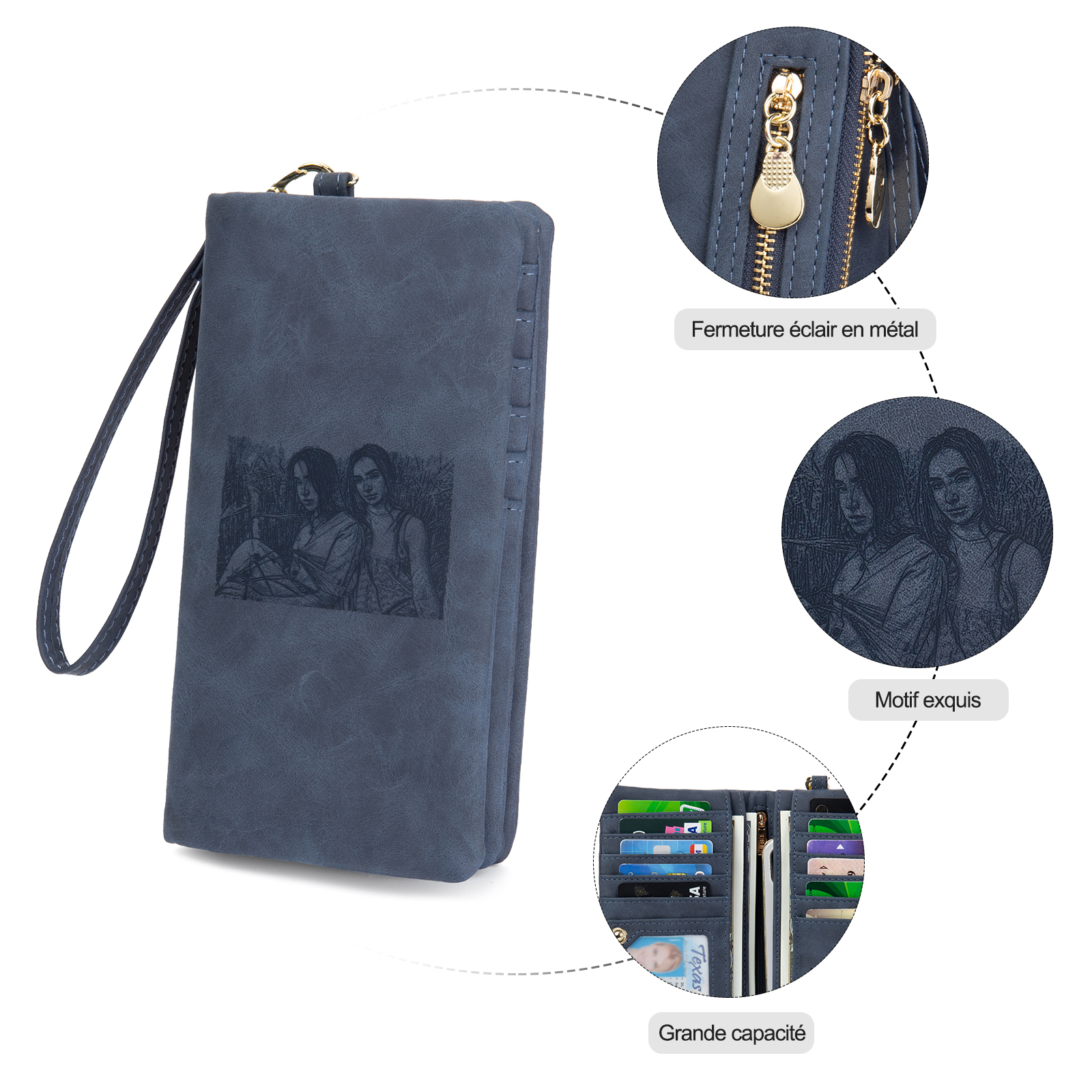 Portefeuille long en cuir PU personnalisé 1 photos avec texte et date