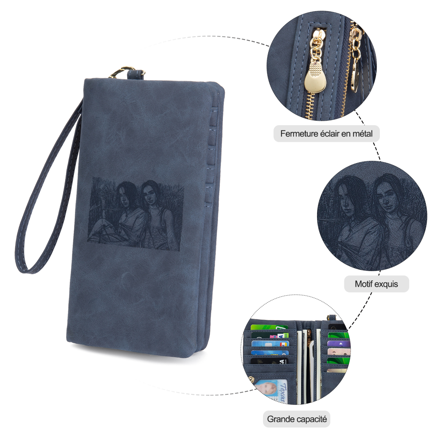 Portefeuille long en cuir PU personnalisé 1 photos avec texte et date