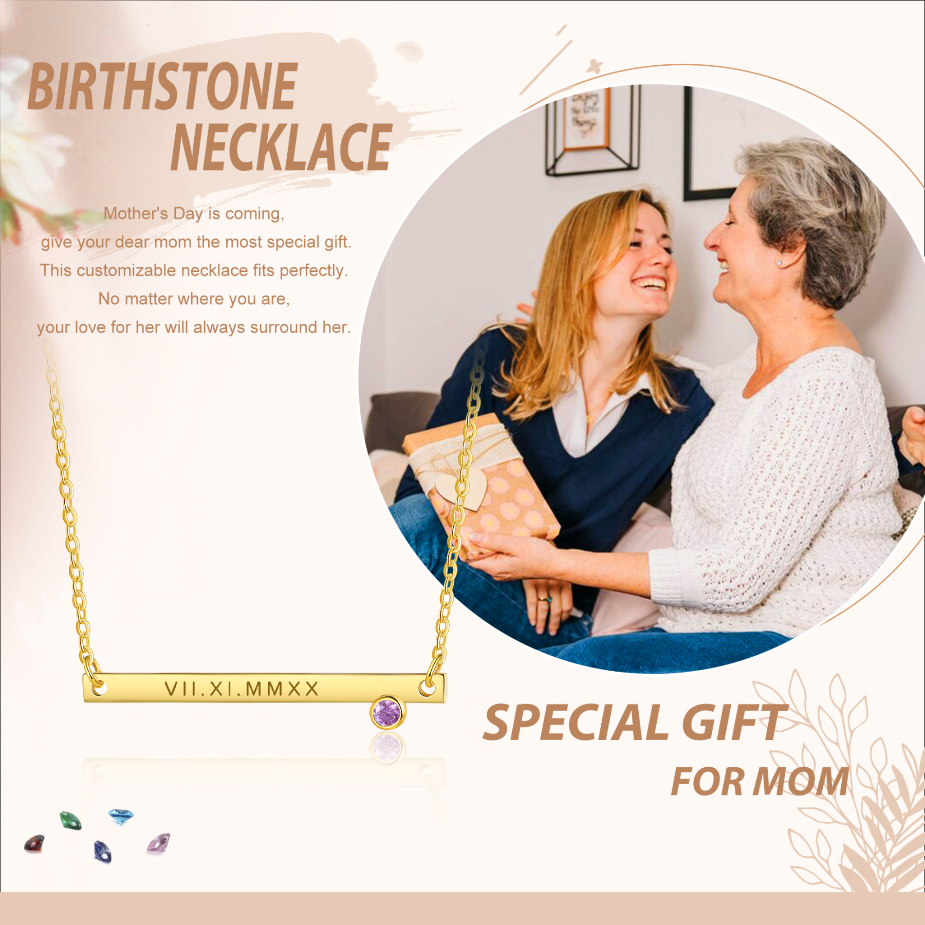 Collier Barre fine 1 Texte Personnalisé avec 1 Pierre de naissance Collier Femmes