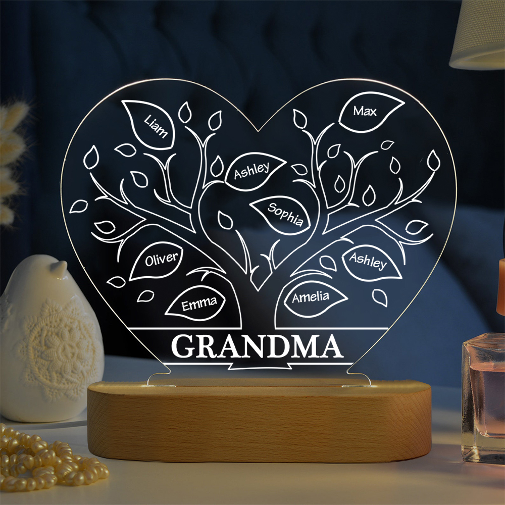 À Maman/Mamie - Lampe de chevet LED Arbre 8 Prénoms Personnalisés avec 1 Texte