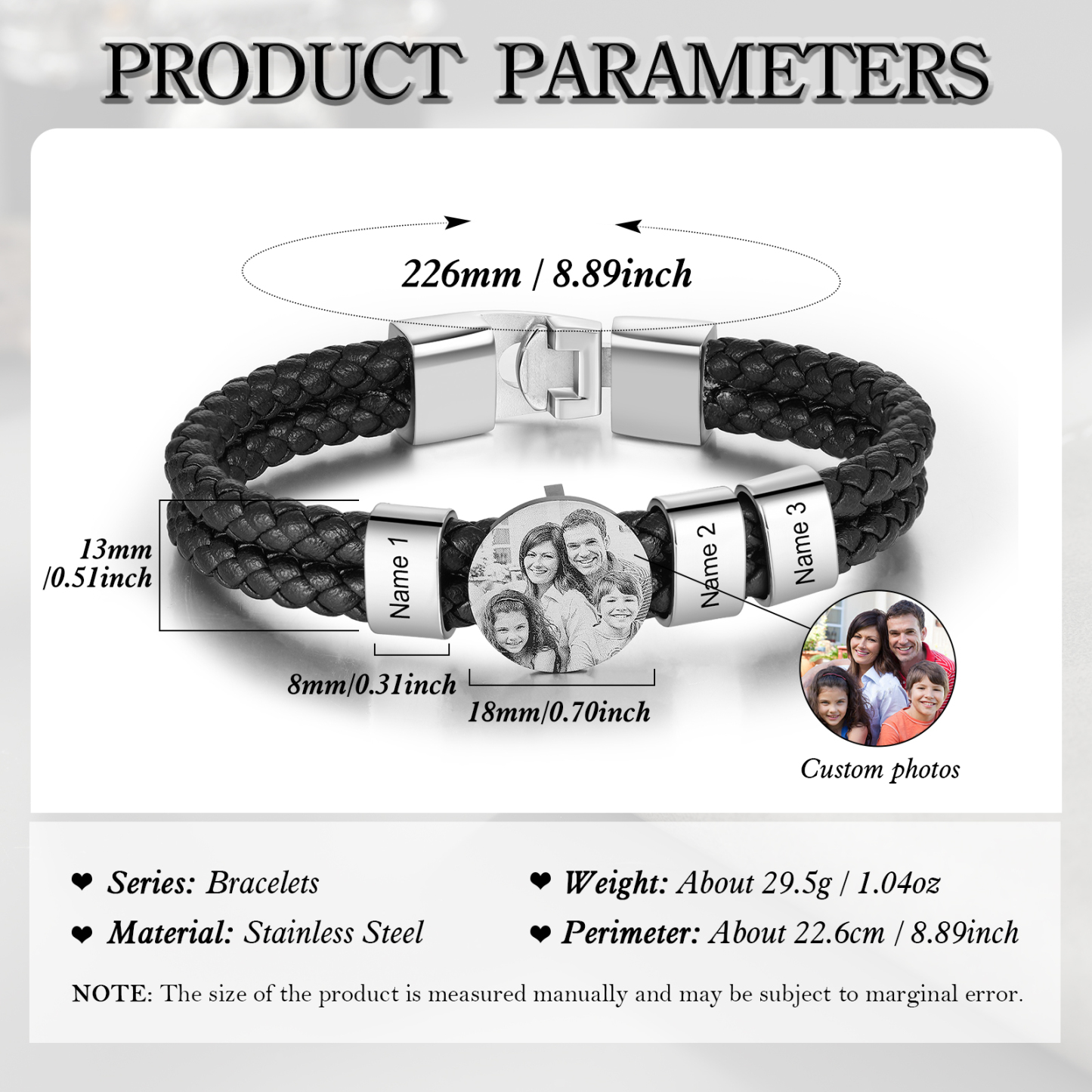 Bracelet en Cuir 3 Prénoms Personnalisés avec Photos