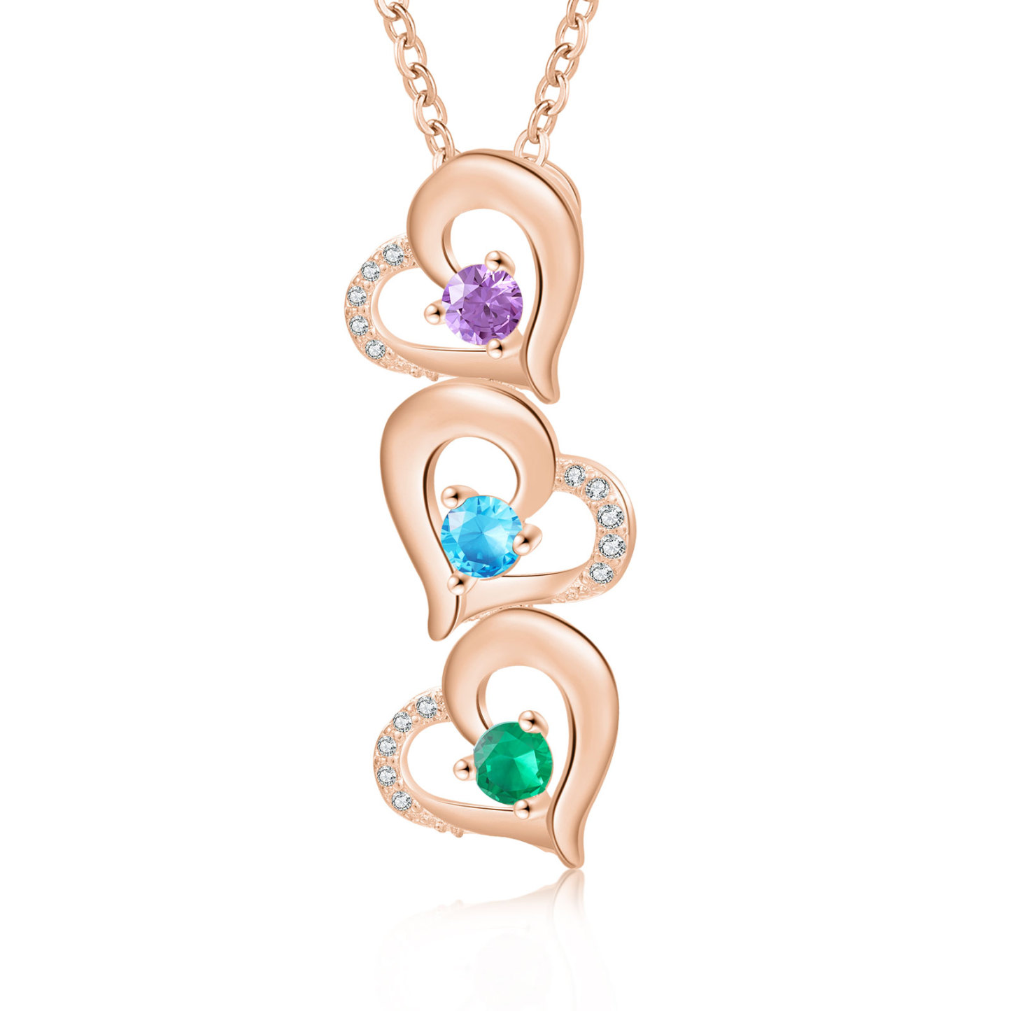 Collier Pendentif Cœur 3 Prénoms Personnalisés avec Pierre de naissance pour Femmes
