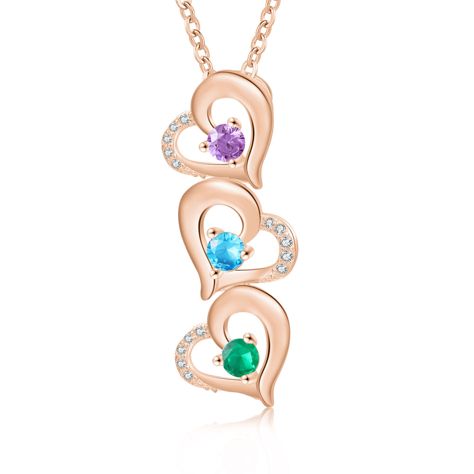 Collier Pendentif Cœur 3 Prénoms Personnalisés avec Pierre de naissance pour Femmes