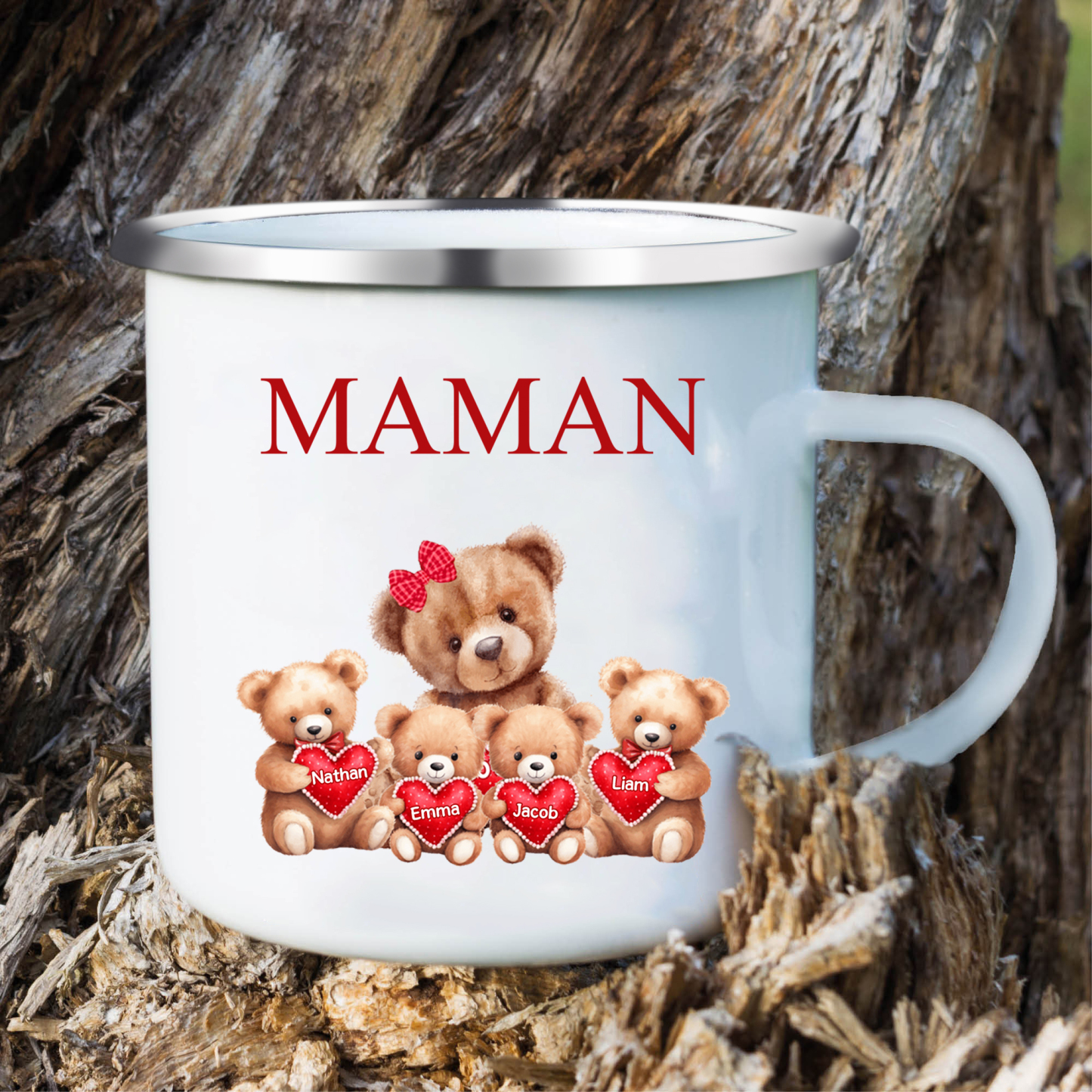 À Maman/Mamie - Tasse émaillée Ours 4 Prénoms Personnalisés
