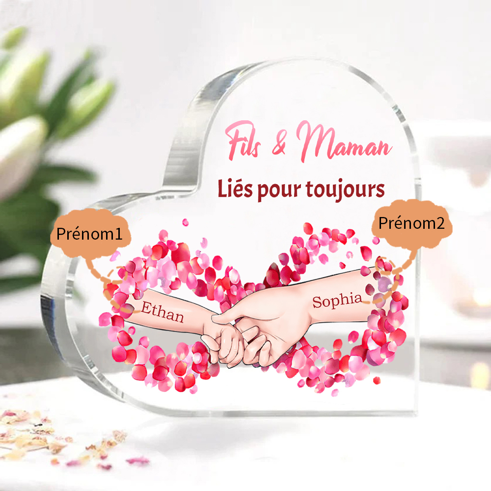 À ma Maman - Plaque Acrylique Maman et Fils en Forme de Cœur 2 Prénoms Personnalisés