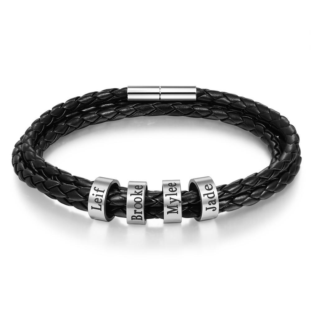 Bracelet en Cuir Tressé Prénom Personnalisé Bracelet Homme Avec 4 Perles