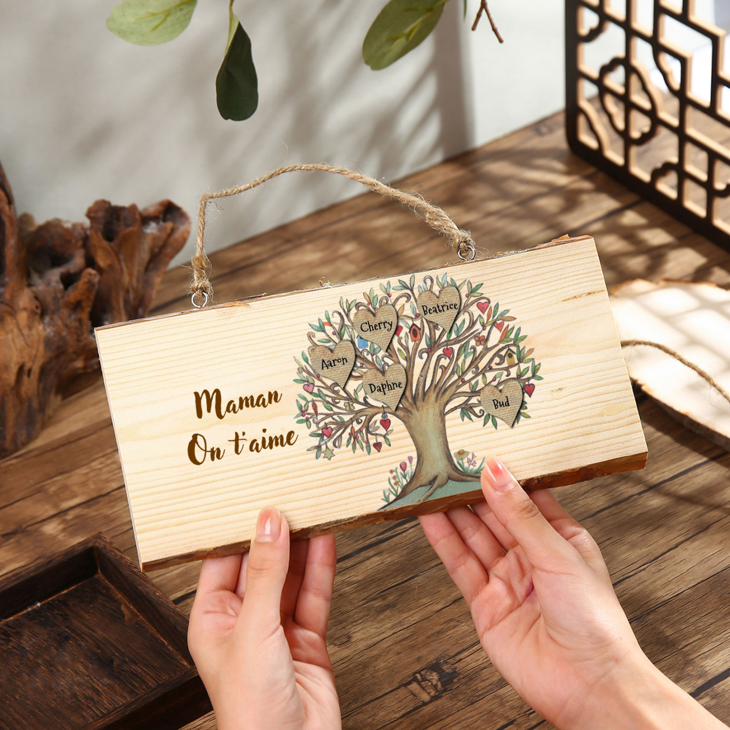 Décoration en bois Arbre de Vie 3-7 Prénoms Personnalisés avec Texte pour Famille Peinture Décorative