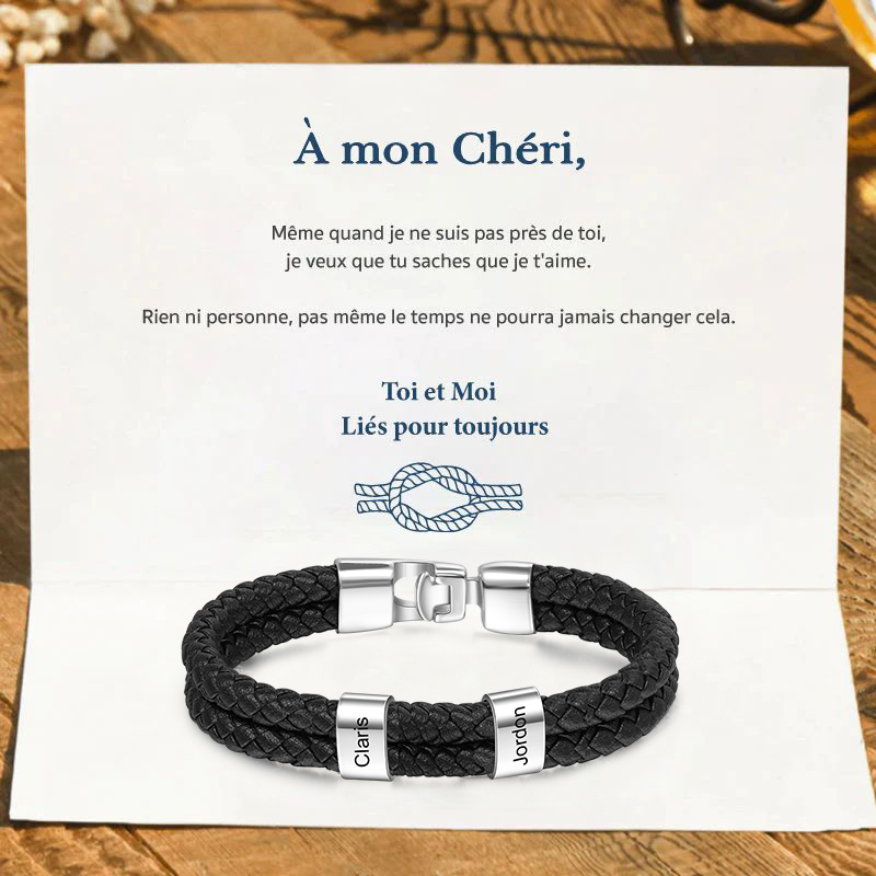 À Mon Chéri - Bracelet Cuir tressé 2 Perles Prénom Personnalisé Bracelet Homme