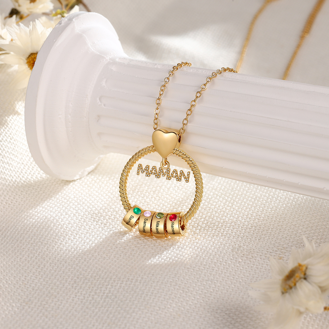 À ma Maman - Collier Pendentif 4 Prénoms Personnalisés avec Pierre de naissance