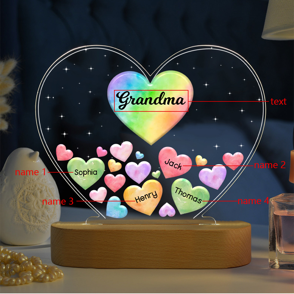 À Maman/Mamie - Lampe de chevet LED Cœurs 4 Prénoms Personnalisés avec 1 Texte