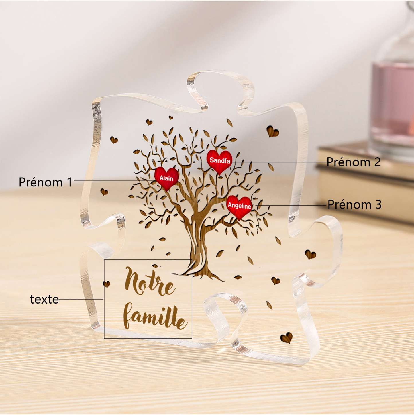 Plaque Acrylique en forme de Puzzle Arbre de Vie 3 Prénoms et Texte Personnalisés