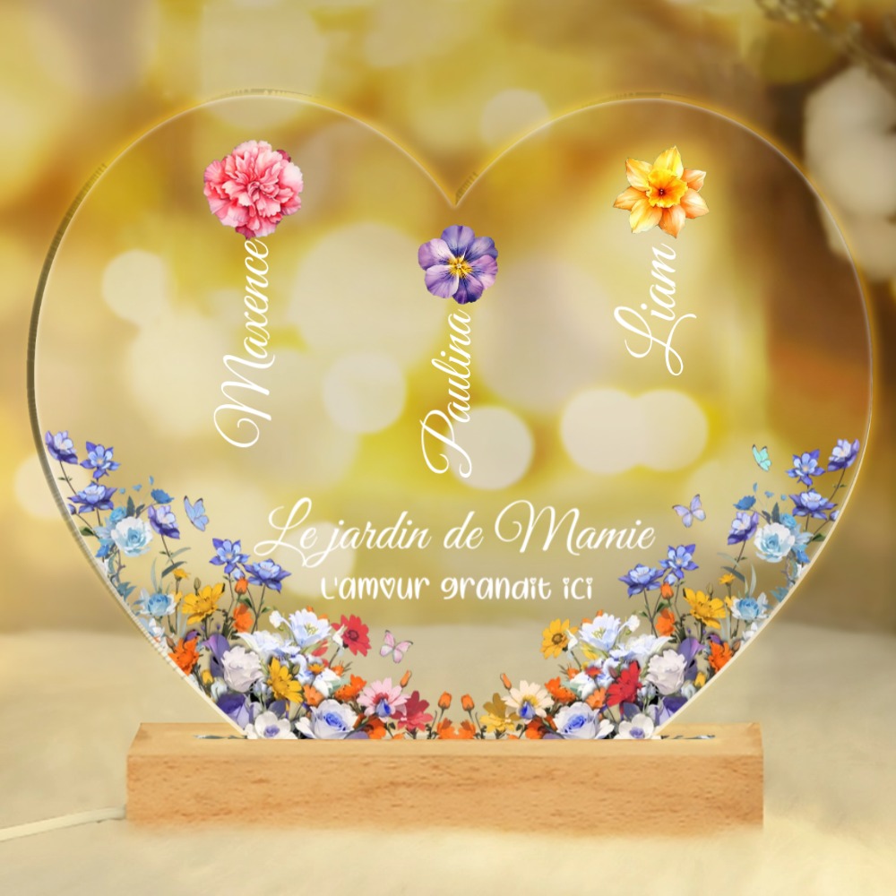 À Mamie -  Lampe LED Personnalisés avec 1-8 Prénoms et Fleurs Le Jardin de Mamie Veilleuse Personnalisée pour Mamie | Jessemade