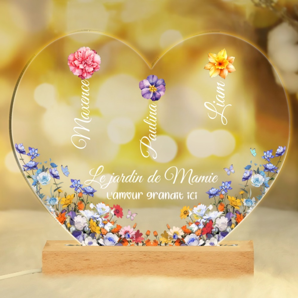 À Mamie - Lampe LED Personnalisés avec 1-8 Prénoms et Fleurs Le Jardin de Mamie Veilleuse Personnalisée pour Mamie | Jessemade
