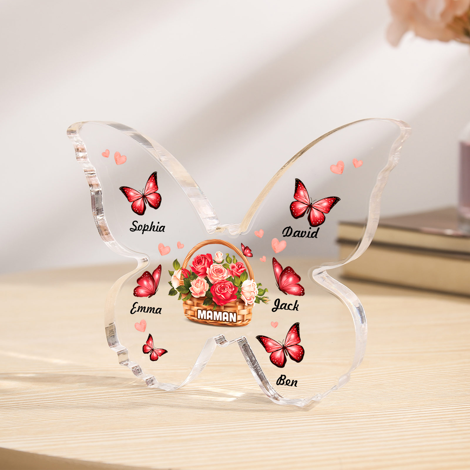 À Maman/Mamie - Plaque Acrylique en forme de Papillon 5 Prénoms et 1 Texte Personnalisés Decoration Fleurs et Papillons