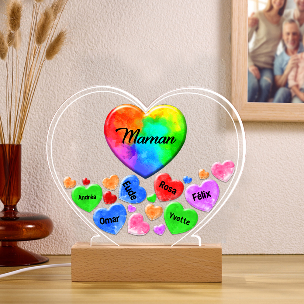 À Ma Maman/Mamie -  Lampe de chevet LED Lumières Cœur 1-14 Prénoms Personnalisés avec 2 Textes