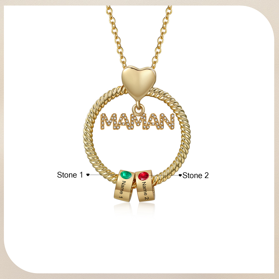 À ma Maman - Collier Pendentif 2 Prénoms Personnalisés avec Pierre de naissance