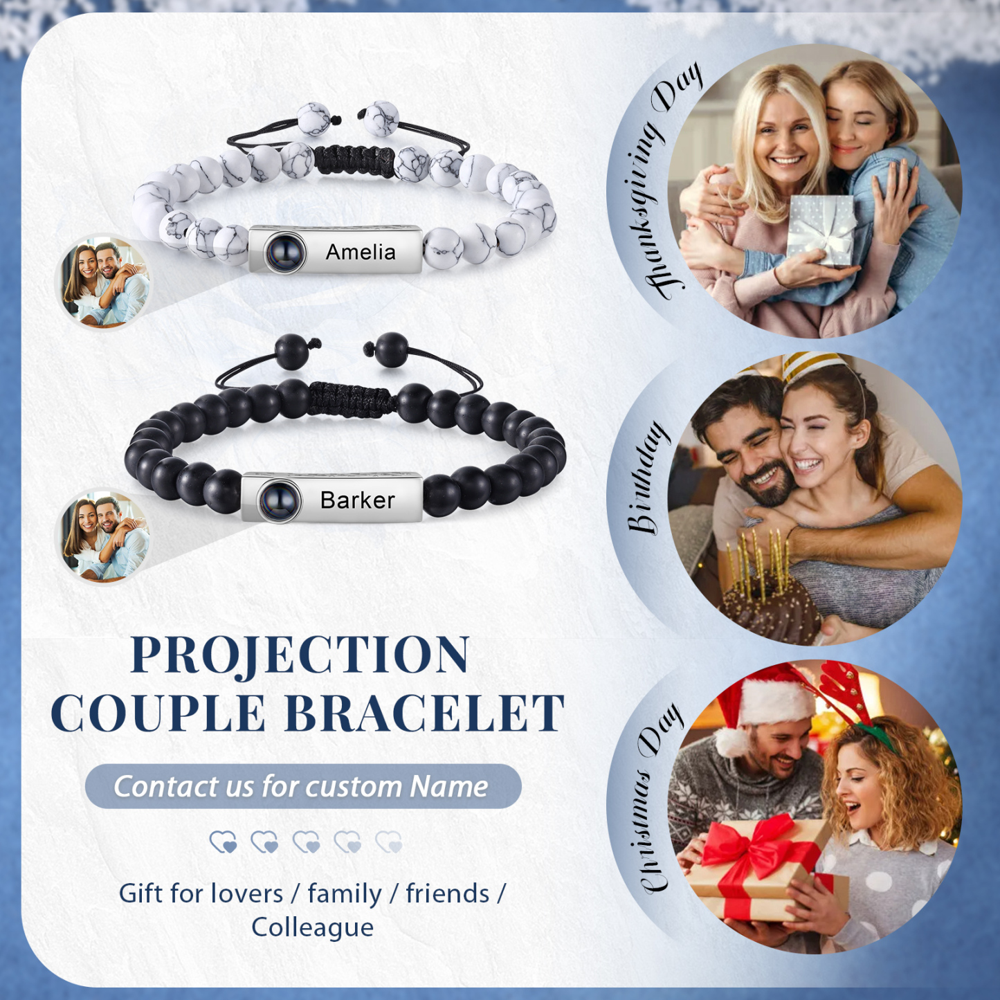 2PCS Bracelets Projection de Pierres 2 Prénoms et 1 Photo Personnalisés pour Couple