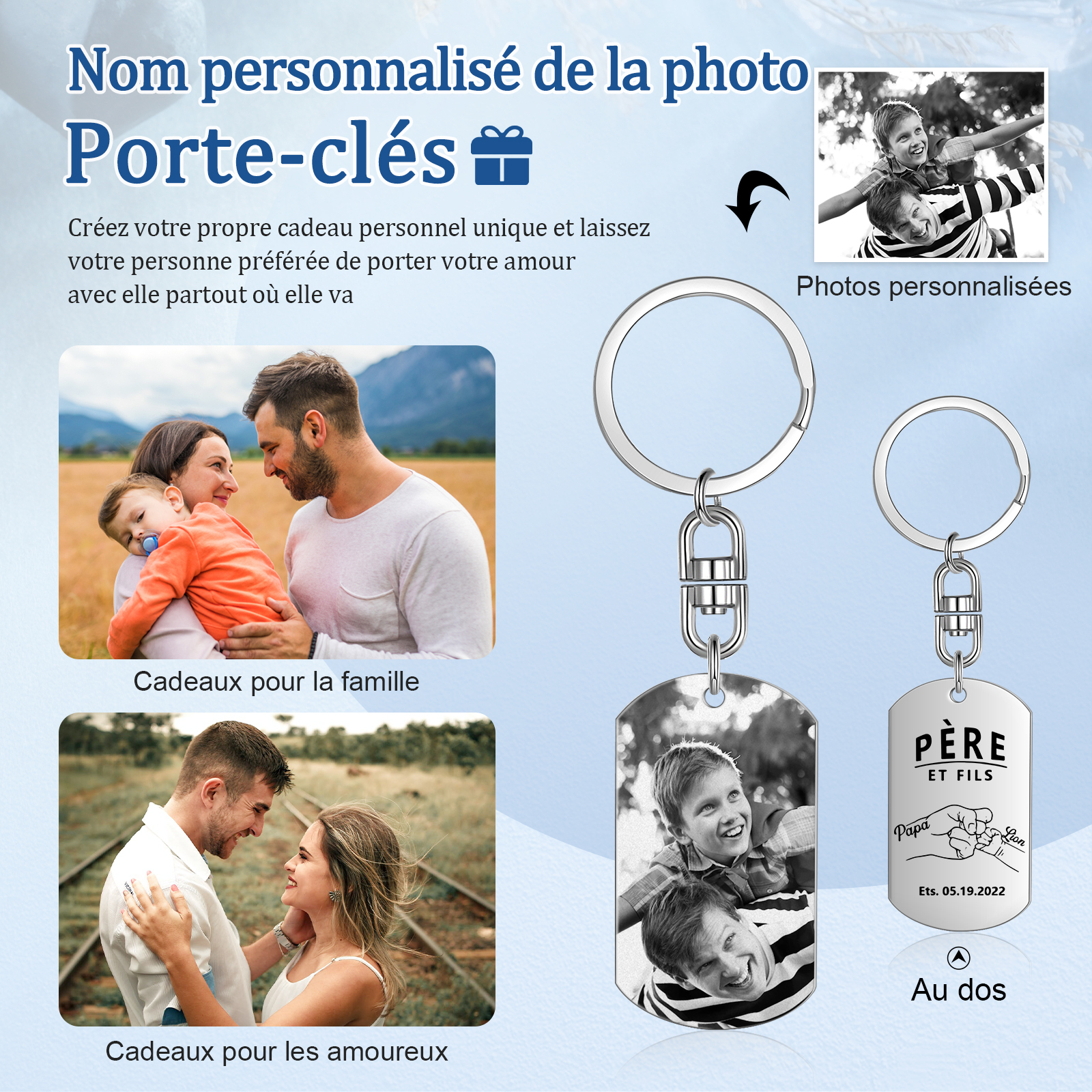 À Papa - Porte-clés gravé Poings 2 Prénoms Personnalisés avec Photo et Date | Jessemade