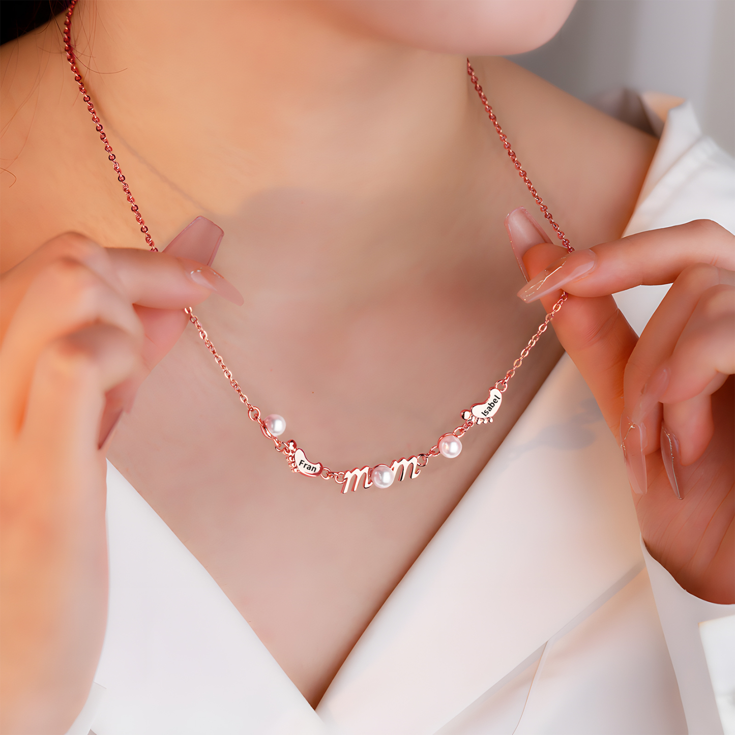 Collier Pieds Bébé et Perles 2 Prénoms Personnalisés Collier pour Maman