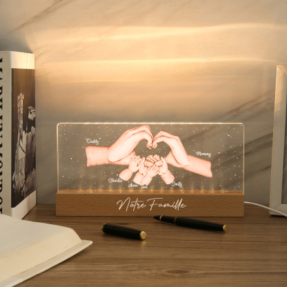 À ma Famille- Lampe de chevet LED la Main dans la Main 6 Prénoms Personnalisés avec Texte