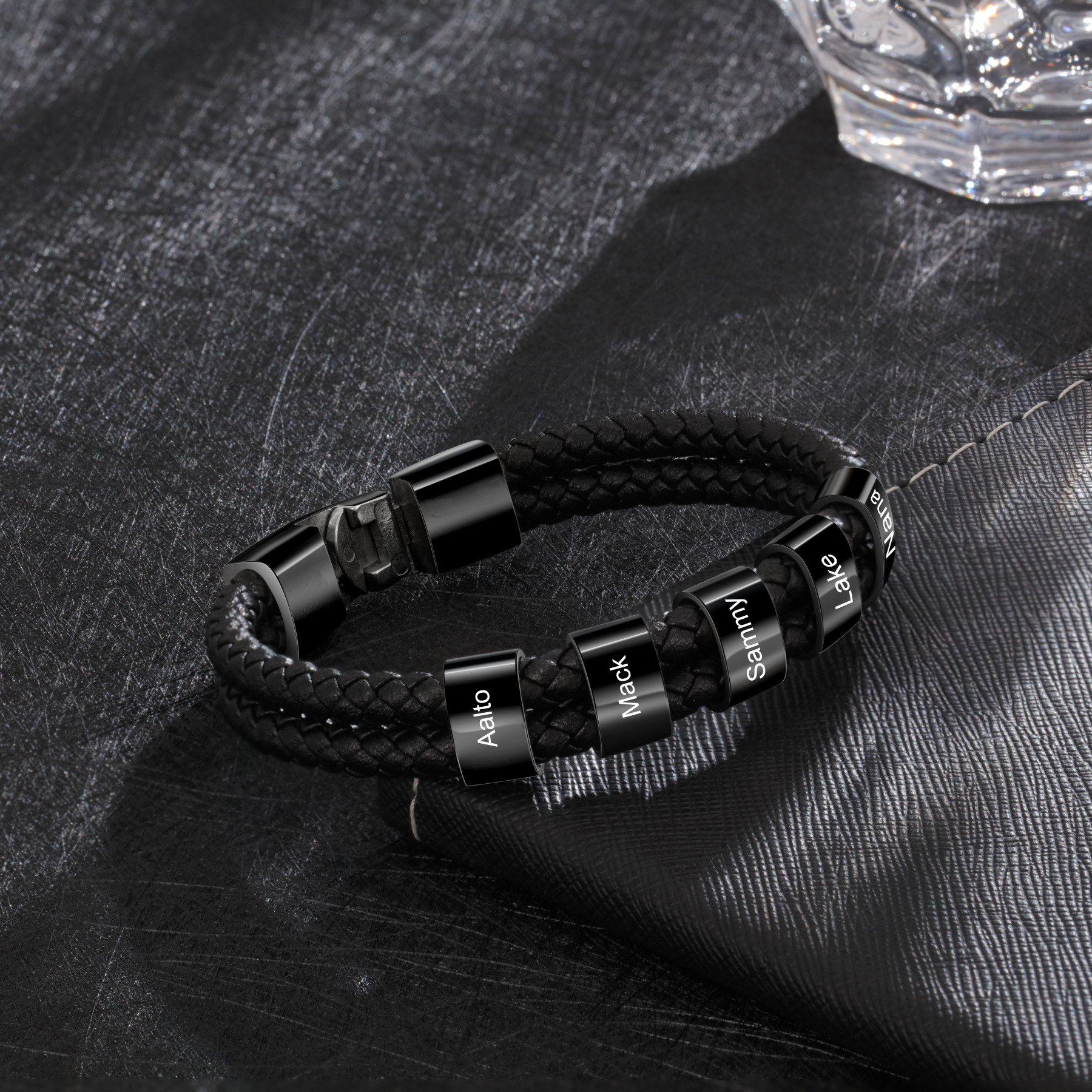 À mon Papa - Bracelet Cuir tressé 5 Perles et Prénoms Personnalisés Bracelet Hommes