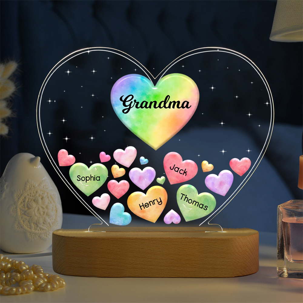 À Maman/Mamie - Lampe de chevet LED Cœurs 4 Prénoms Personnalisés avec 1 Texte