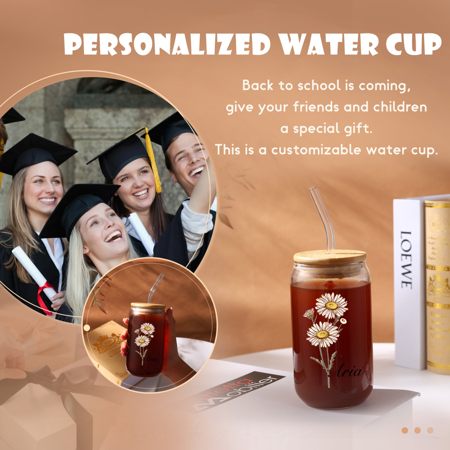 Tasse en Verre avec Paille Prénom Personnalisé avec Fleur de Naissance Cadeau de remise des Diplômes
