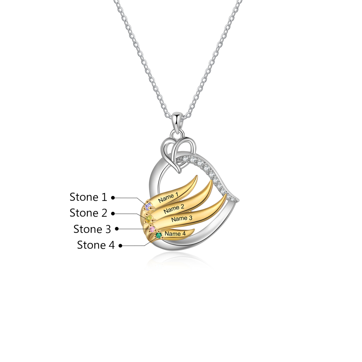 Collier Pendentif Cœur et Ailes Collier Personnalisé Femme avec 4 Prénoms et Pierres de naissance|Jessemade