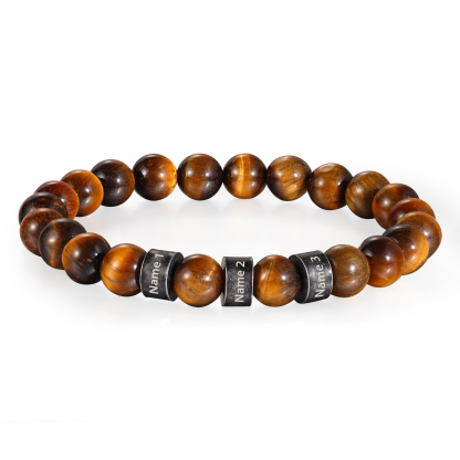 Bracelet d'Oeil de Tigre avec 3 Prénoms Personnalisés pour Homme