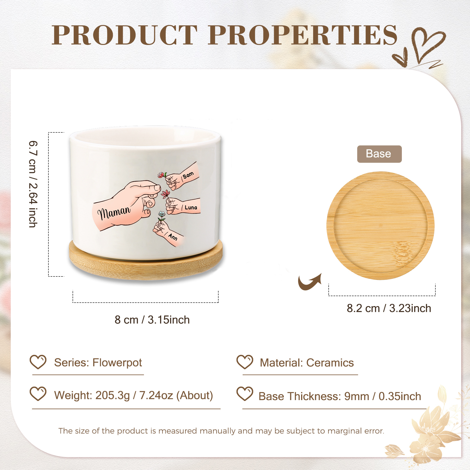 Vase/Pot de Fleurs mains et enfants 4 Prénoms Personnalisés Décoration de la Maison (sans plantes)