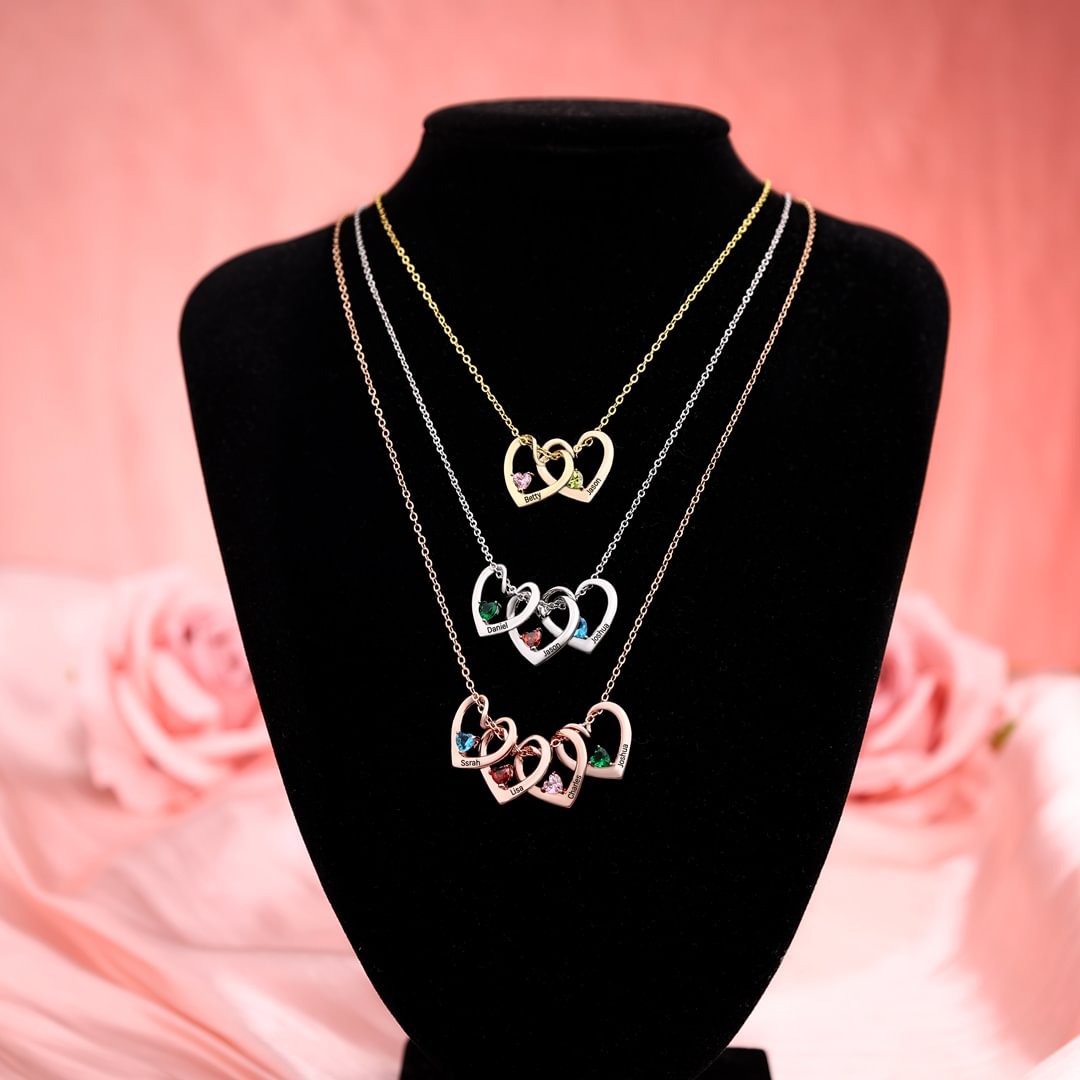Collier Pendentif Cœur 3 Prénoms Personnalisés avec Pierre de Naissance Collier Femmes