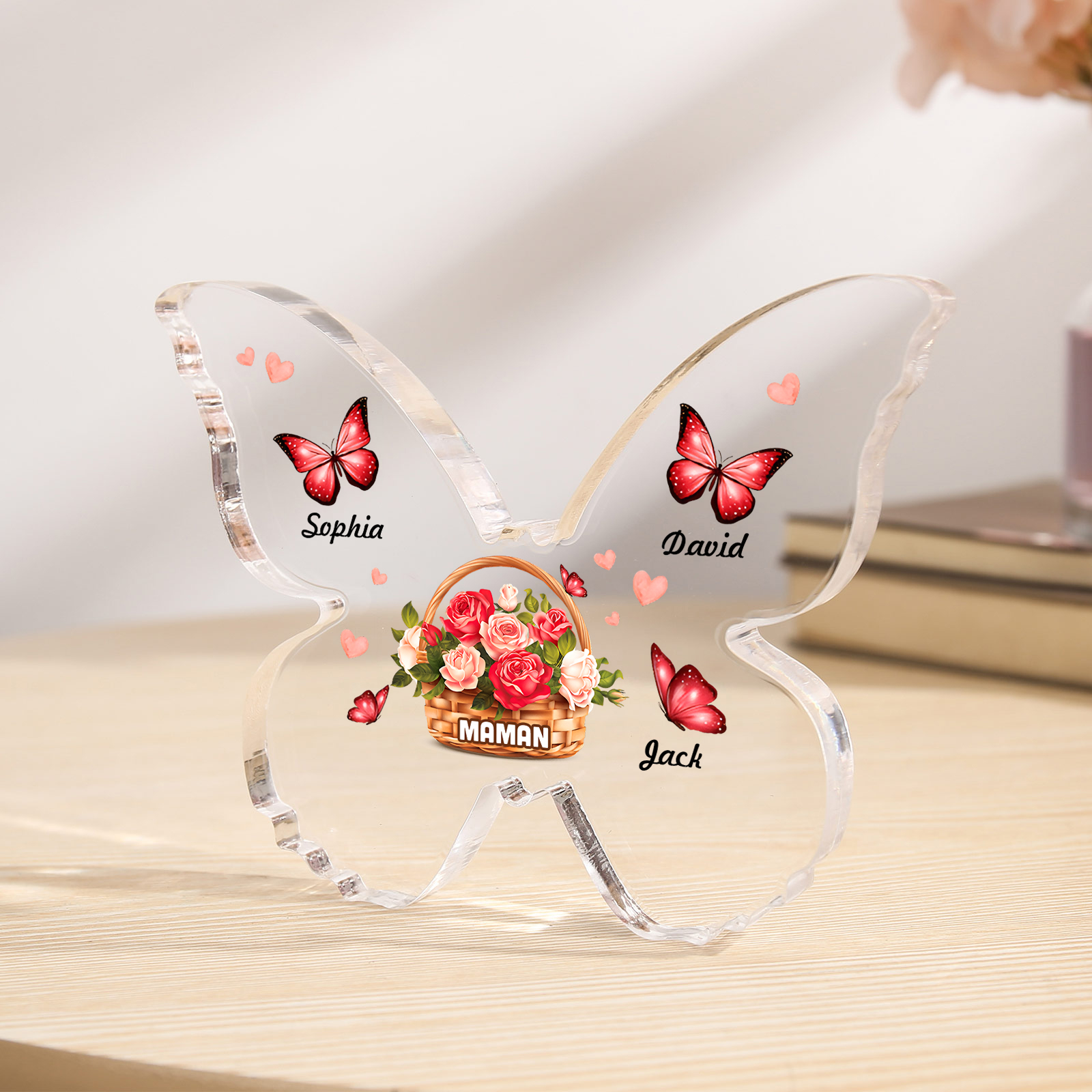 À Maman/Mamie - Plaque Acrylique en forme de Papillon 3 Prénoms et 1 Texte Personnalisés Decoration Fleurs et Papillons