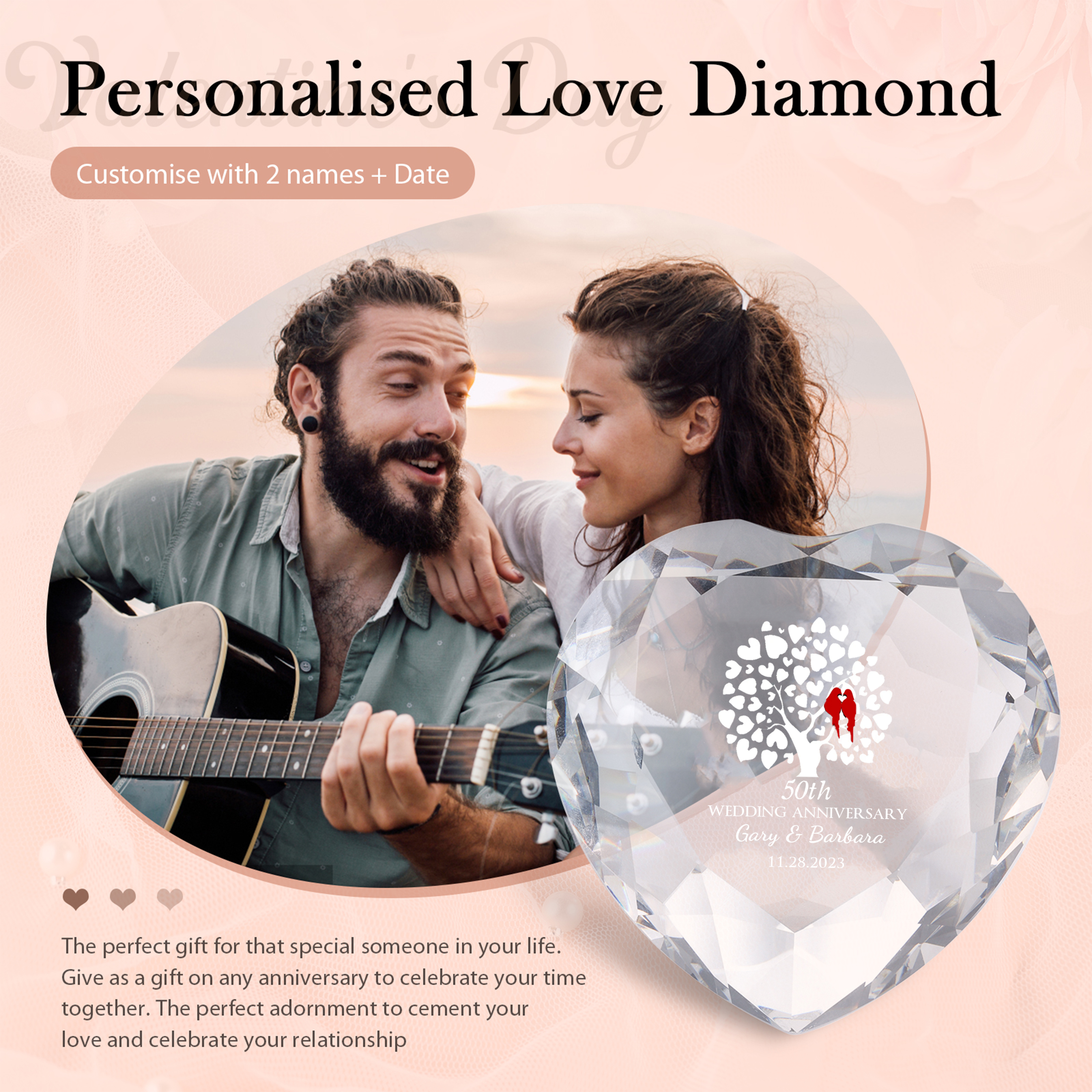 Décoration Cristal Cœur 2 Prénoms Personnalisés avec Texte et Date pour Couple