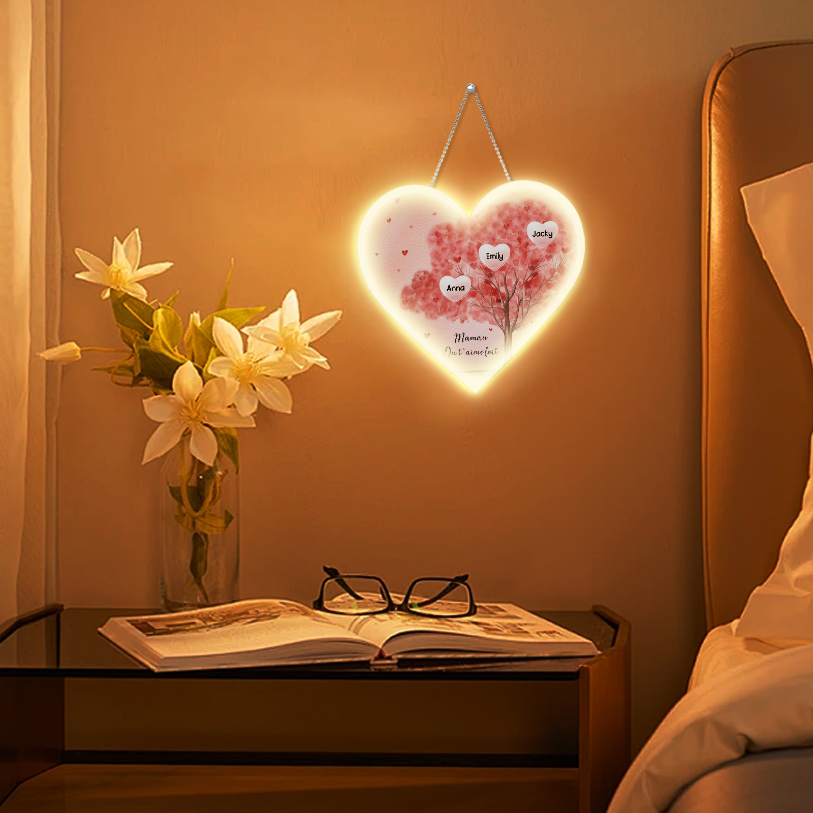 À Maman/Mamie - Veilleuse Cœur Arbre Décoration 3 Prénoms Personnalisés avec 1 Texte