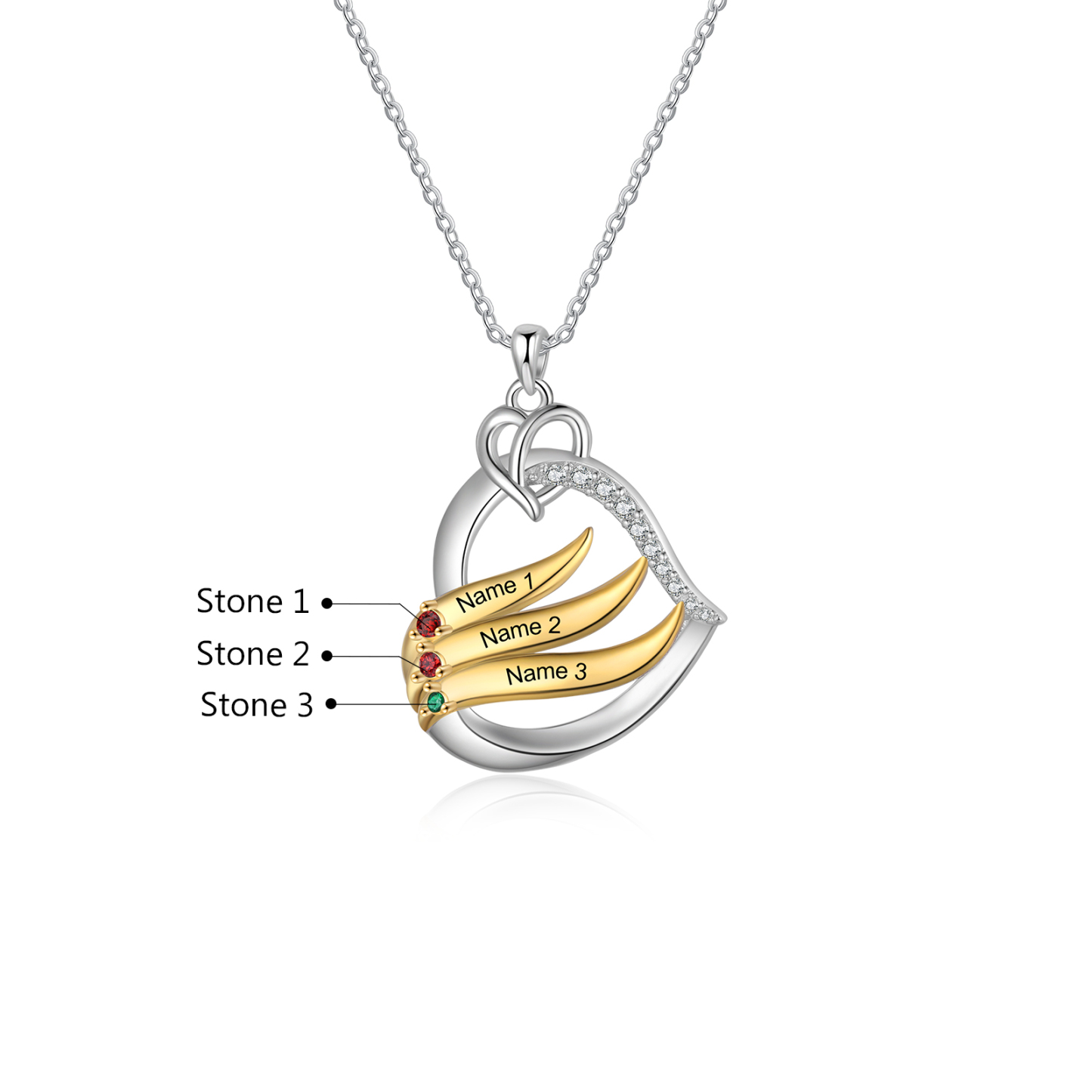 Collier Pendentif Cœur et Ailes Collier Personnalisé avec 3 Prénoms et Pierres de naissance pour Femme|Jessemade