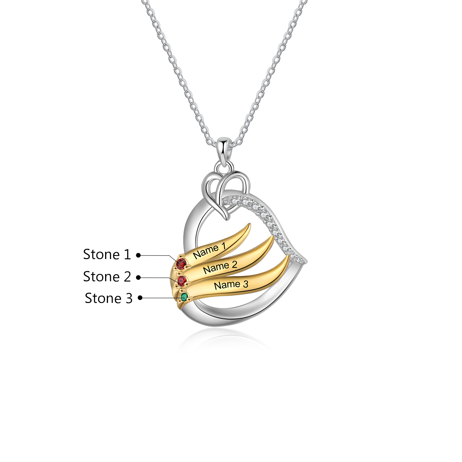 Collier Pendentif Cœur et Ailes Collier Personnalisé avec 3 Prénoms et Pierres de naissance pour Femme|Jessemade
